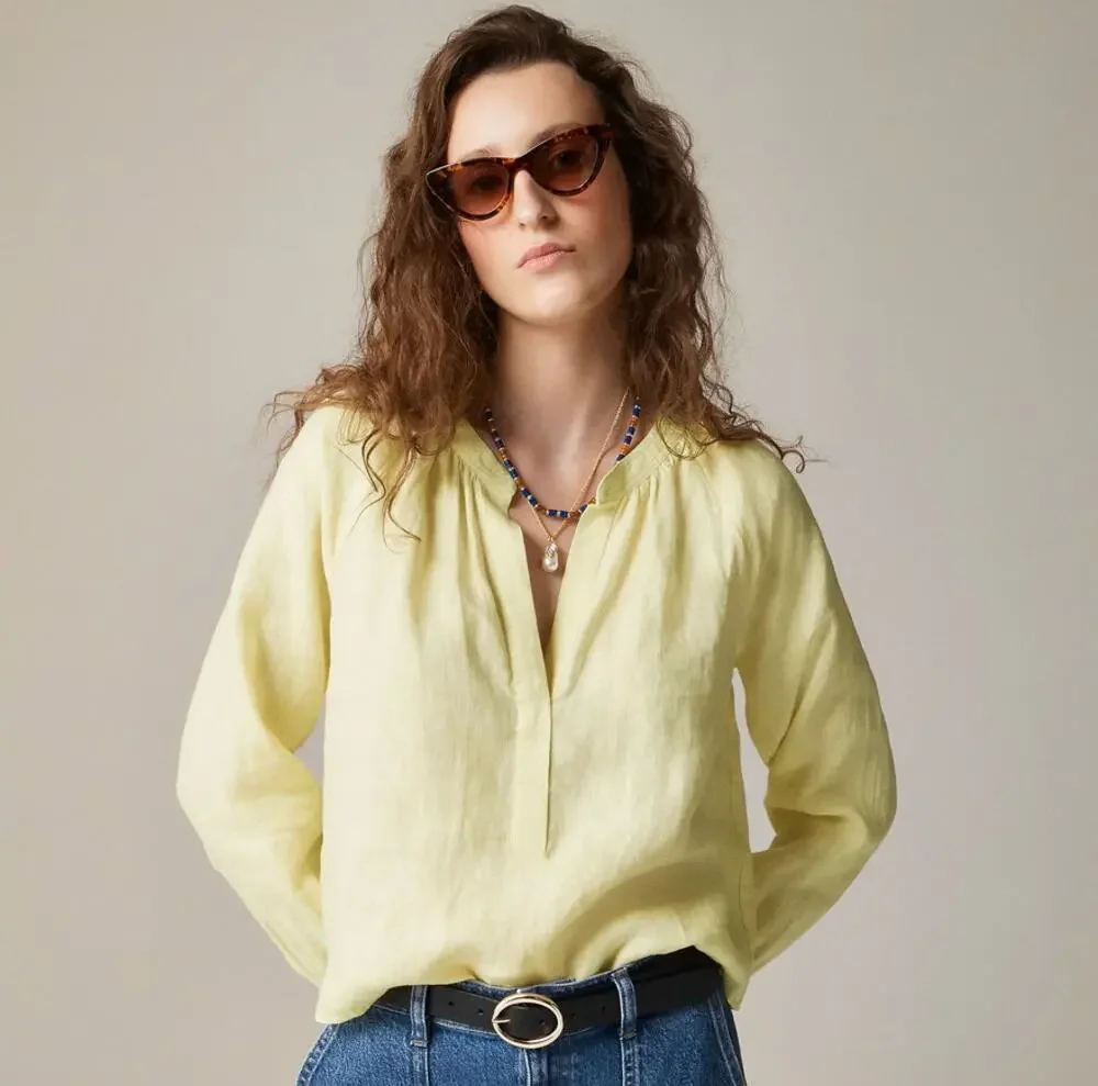 J.Crew Cabana Linen Popover Blouse WMNS XS Yellow V-neck Long Sleeve Breathable